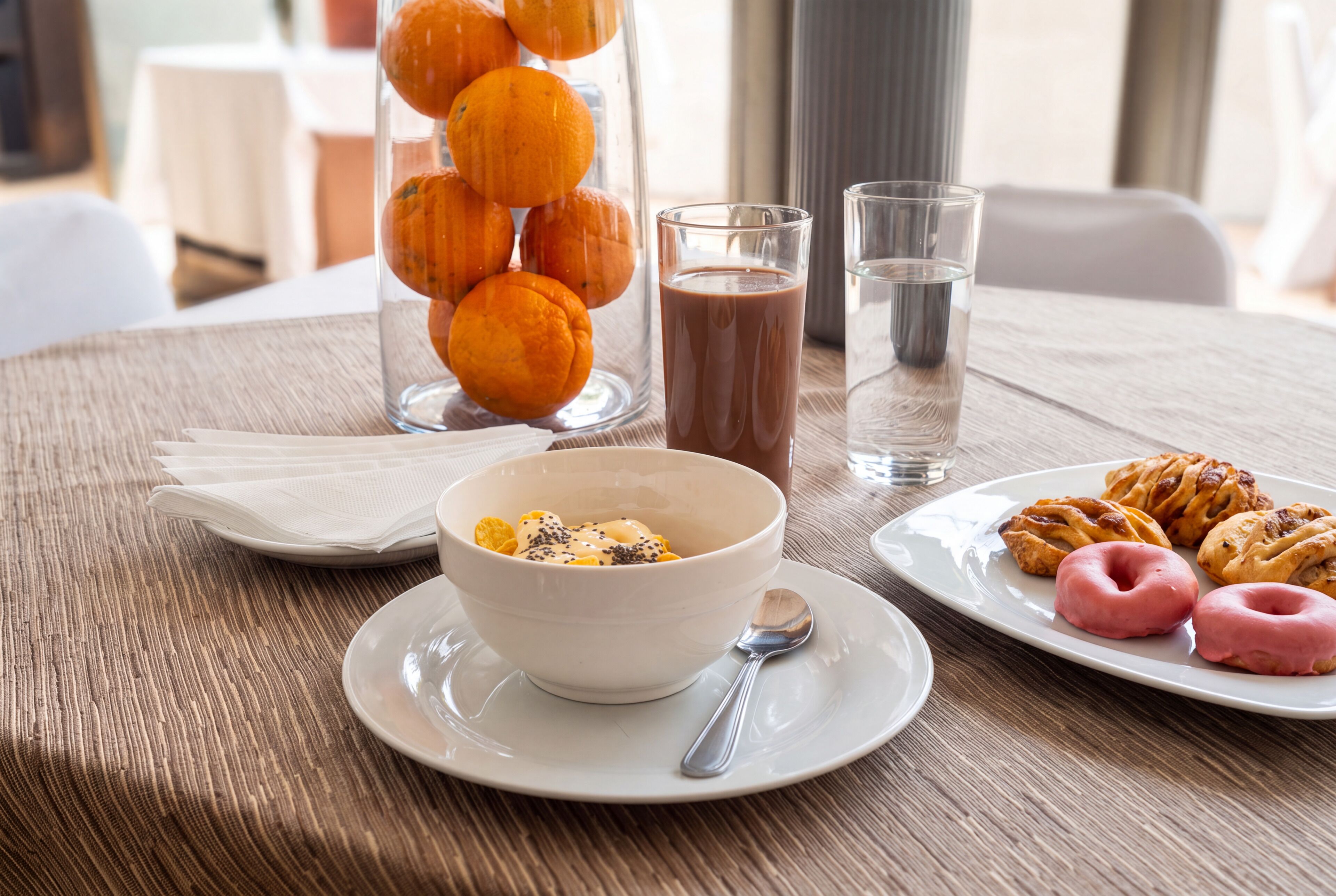 Un desayuno con un tazón de cereal, un vaso de leche, un vaso de agua y pasteles sobre una mesa de madera.