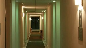 Un pasillo largo y estrecho con paredes verdes y suelo alfombrado.