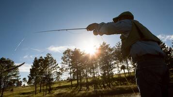 A person fishing by a body of water with trees and a clear sky in the background.