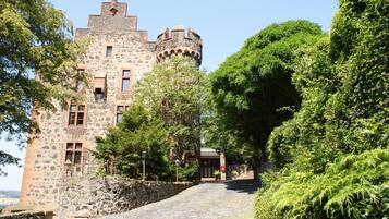 Un castillo de piedra con una torre, rodeado de vegetación exuberante y un camino adoquinado que lleva a la entrada.