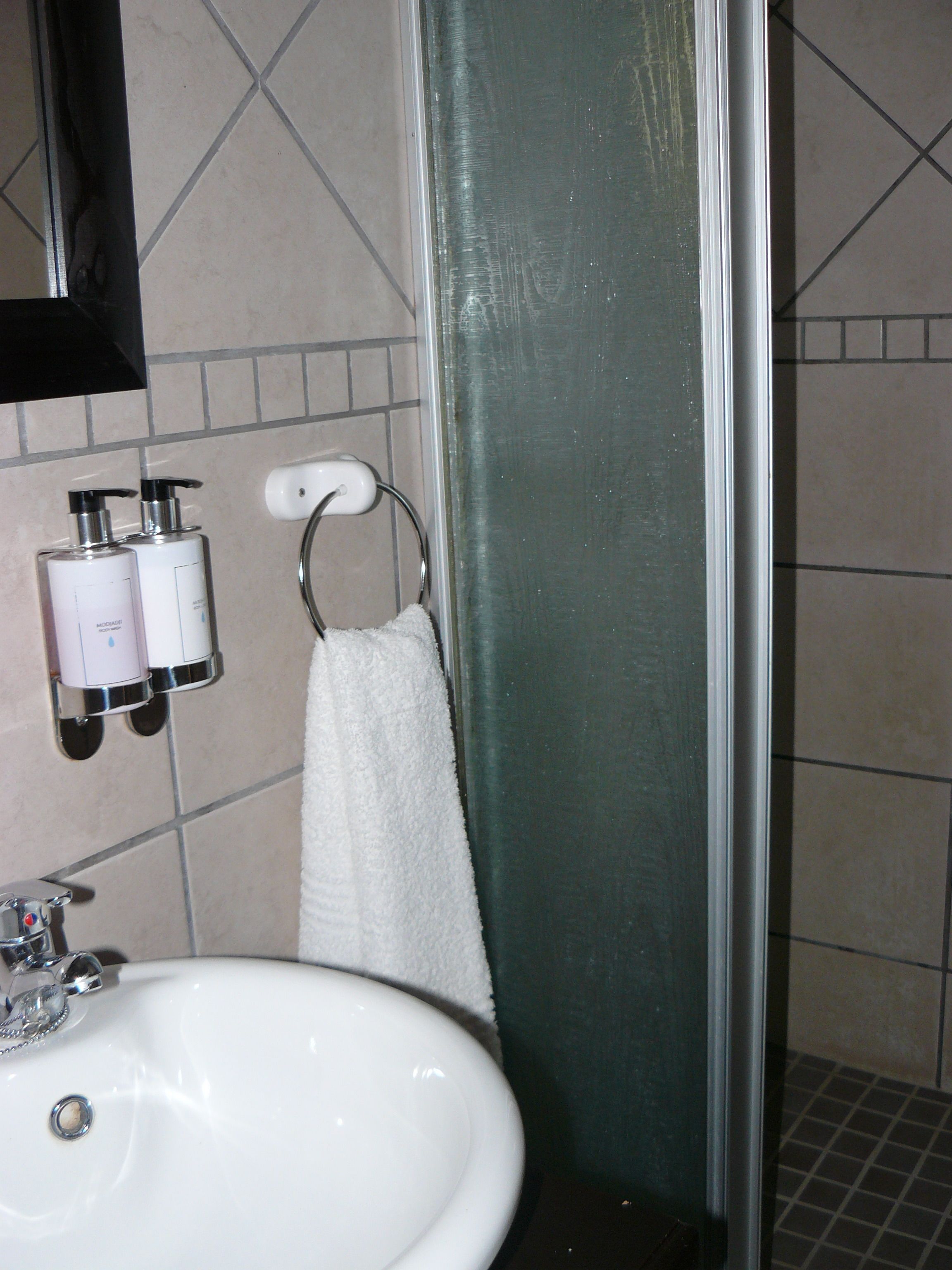 Een badkamer met een witte wastafel, twee zeepdispensers, een handdoekhouder en een douchecabine met glazen wanden.