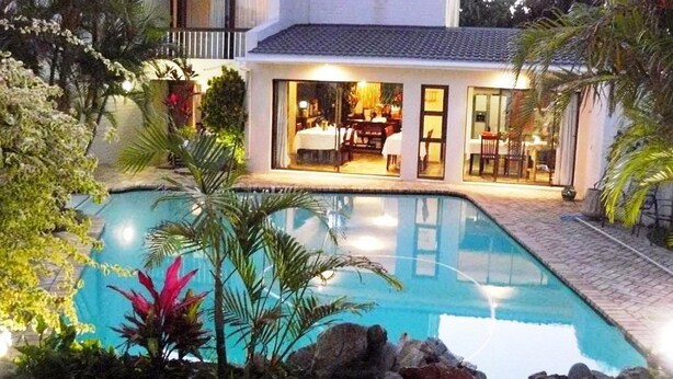 A modern house with a swimming pool surrounded by tropical plants. - See More Guest House (East London)