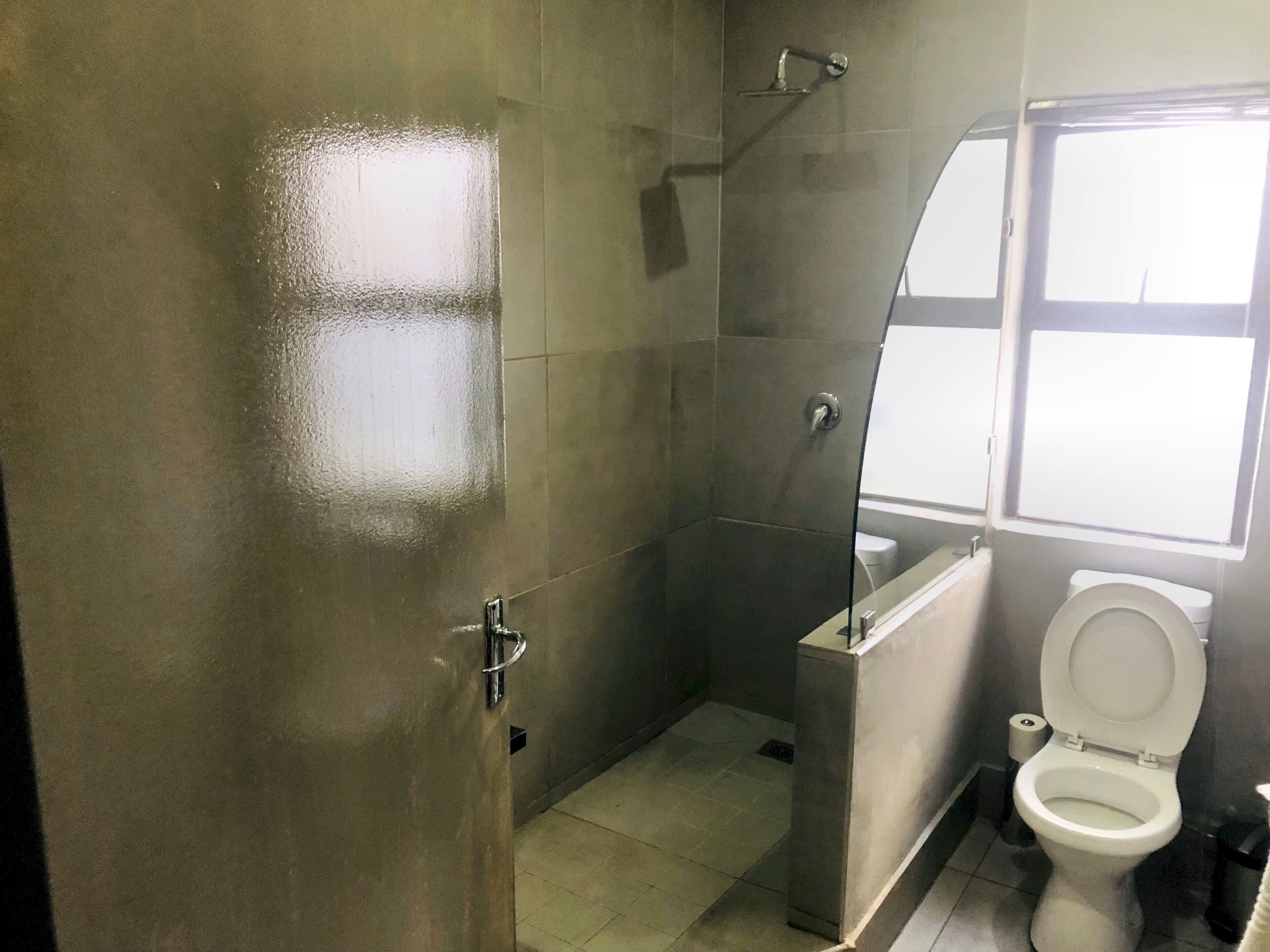 A bathroom with a shower, toilet, and a window.