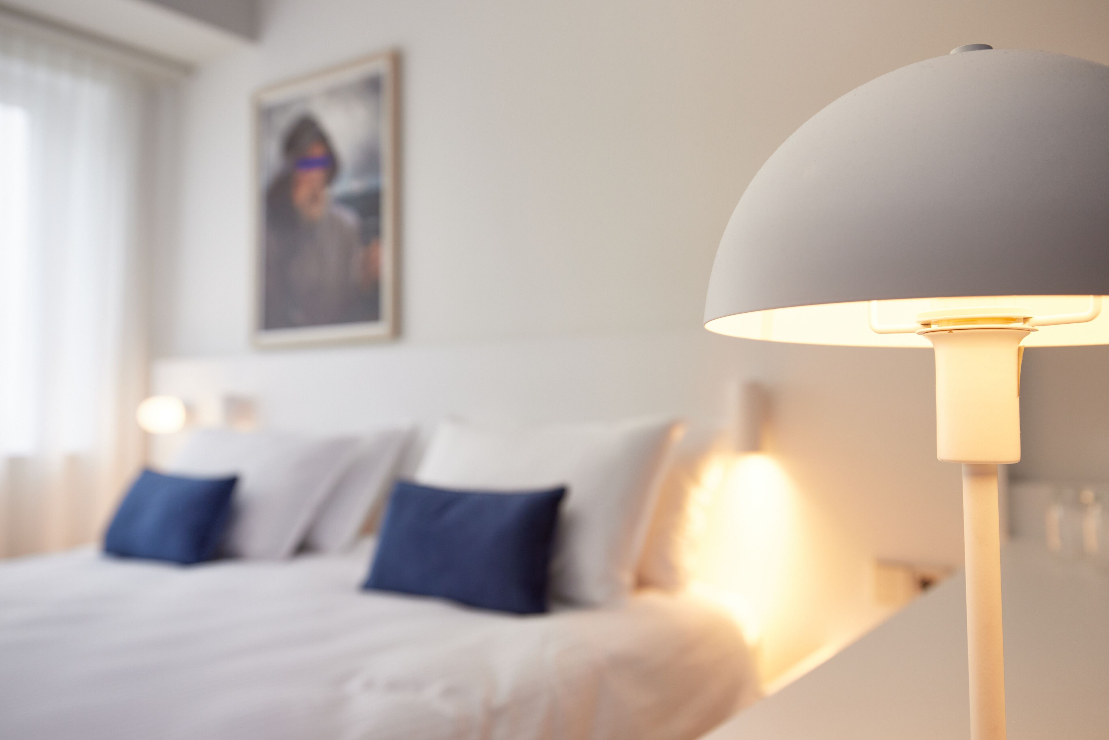 A bed with white bedding and blue pillows, a bedside lamp, and a framed picture on the wall.