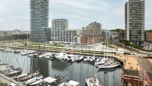 Un puerto deportivo con varias embarcaciones amarradas, rodeado de modernos edificios altos.