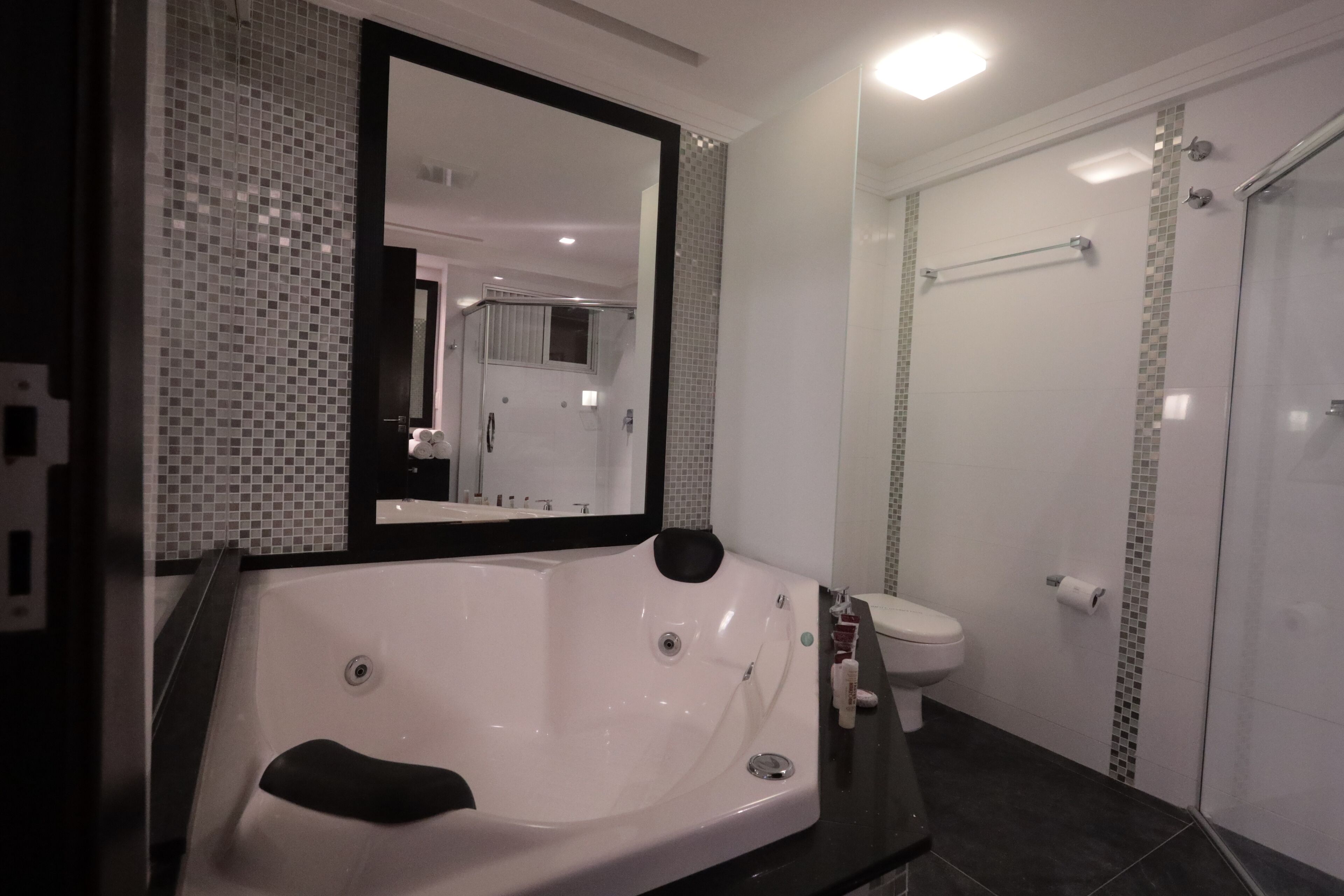 A modern bathroom with a large bathtub, a toilet, and a shower area.