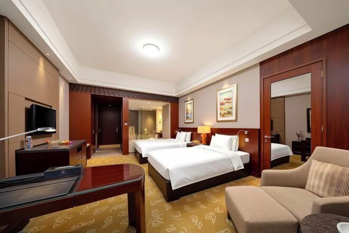 Een hotelkamer met twee bedden, een televisie, een bureau en een bank.