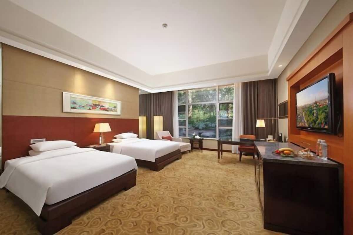 Een hotelkamer met twee bedden, een bureau, een stoel, een televisie en een raam met uitzicht.