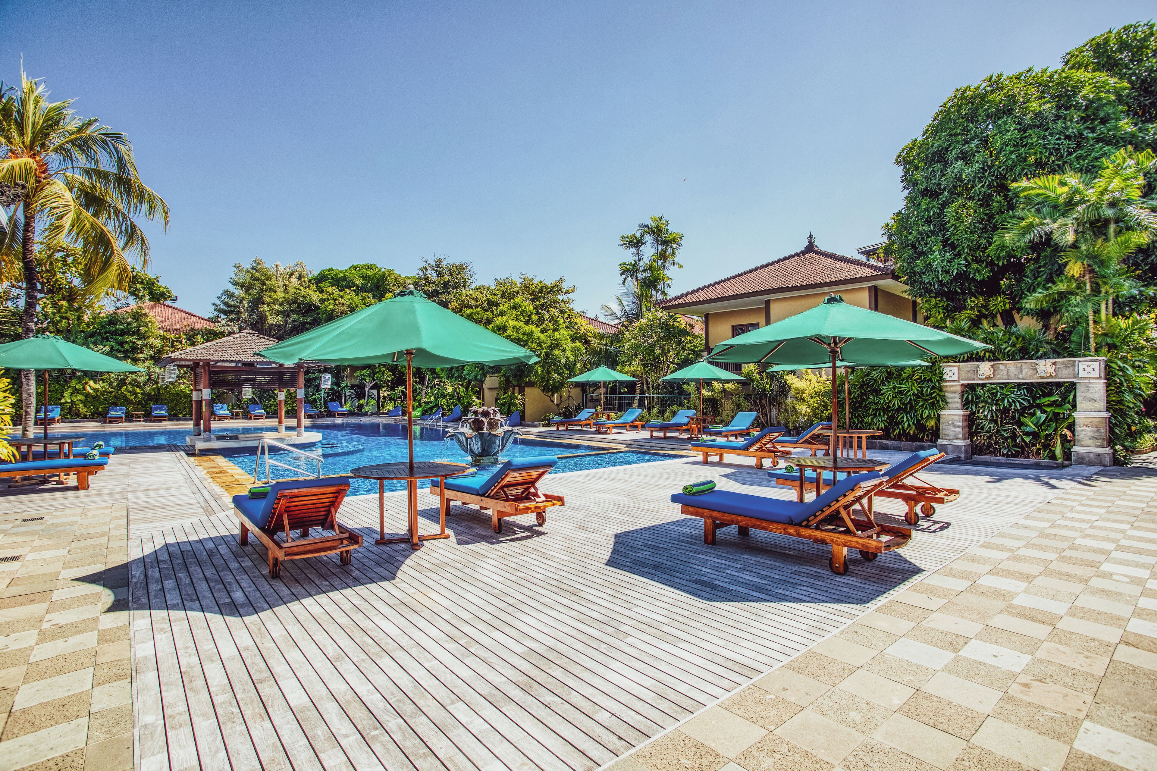 outdoor pool, pool umbrellas, pool loungers