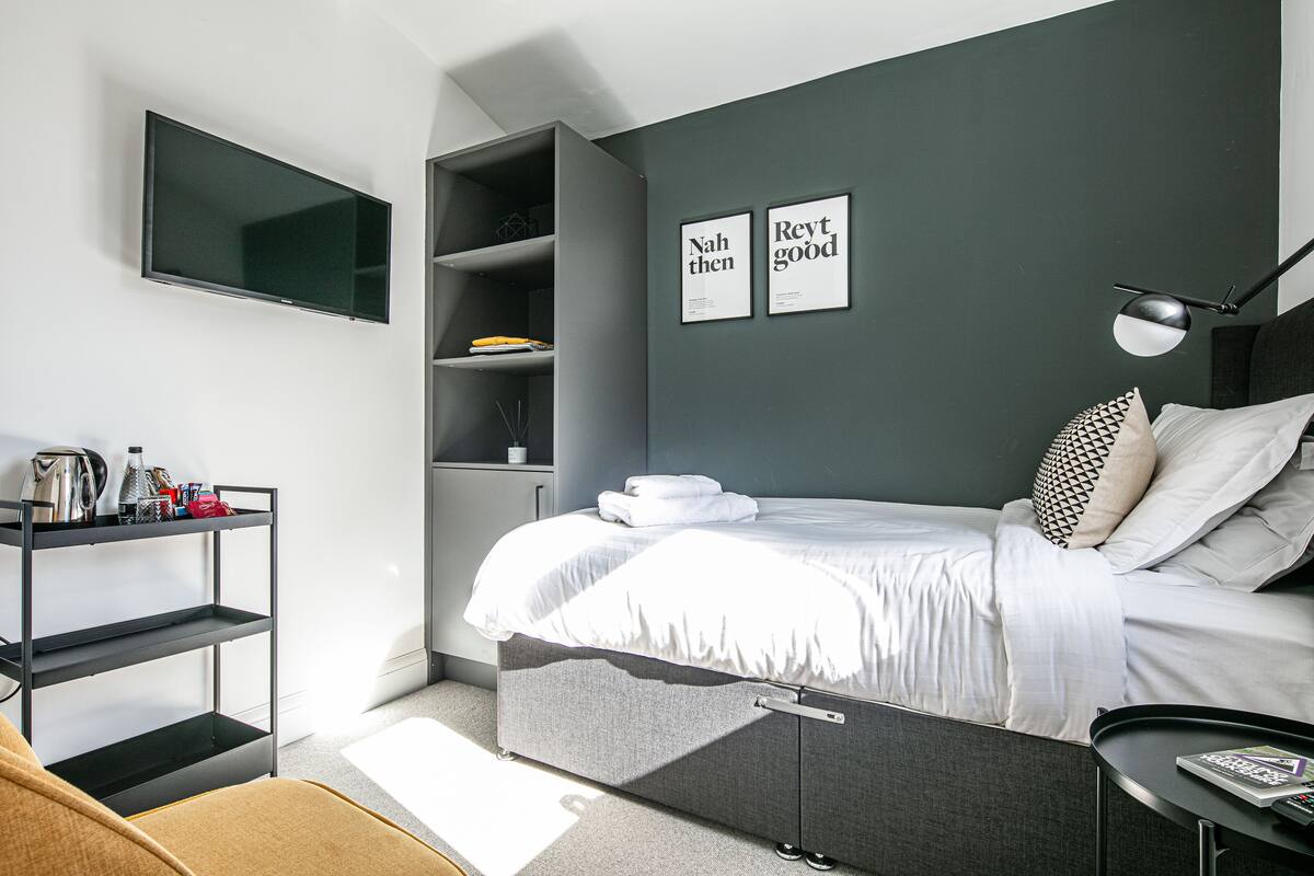 Ein modernes Schlafzimmer mit einem Bett, einem Fernseher, einem Schreibtisch und einem Bücherregal.