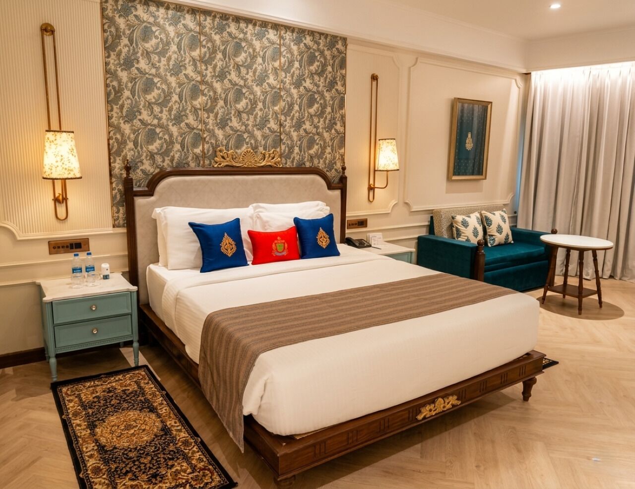 A hotel room with a large bed, a nightstand, a bedside table, a small round table, and a patterned rug.