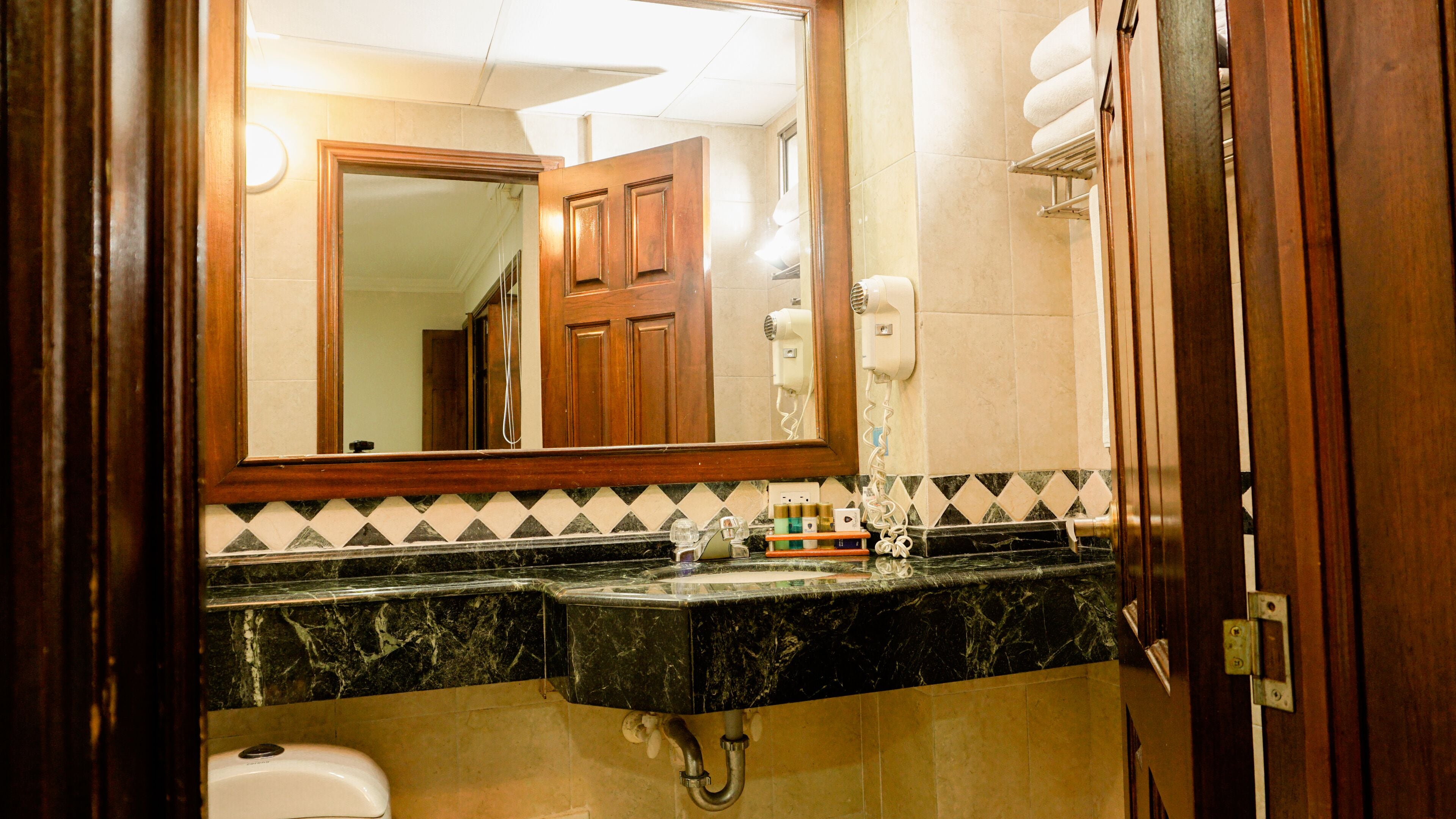 free toiletries, hair dryer, towels, soap