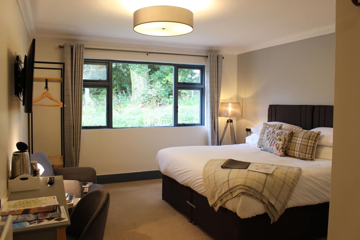 A hotel room with a bed, bedside table, lamp, and a view of greenery outside.
