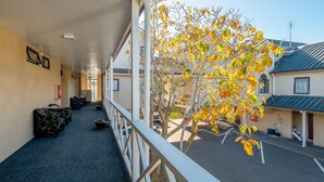A corridor with a railing, potted plants, and a view of a tree with yellow leaves. - Auckland Newmarket Motel (Auckland)