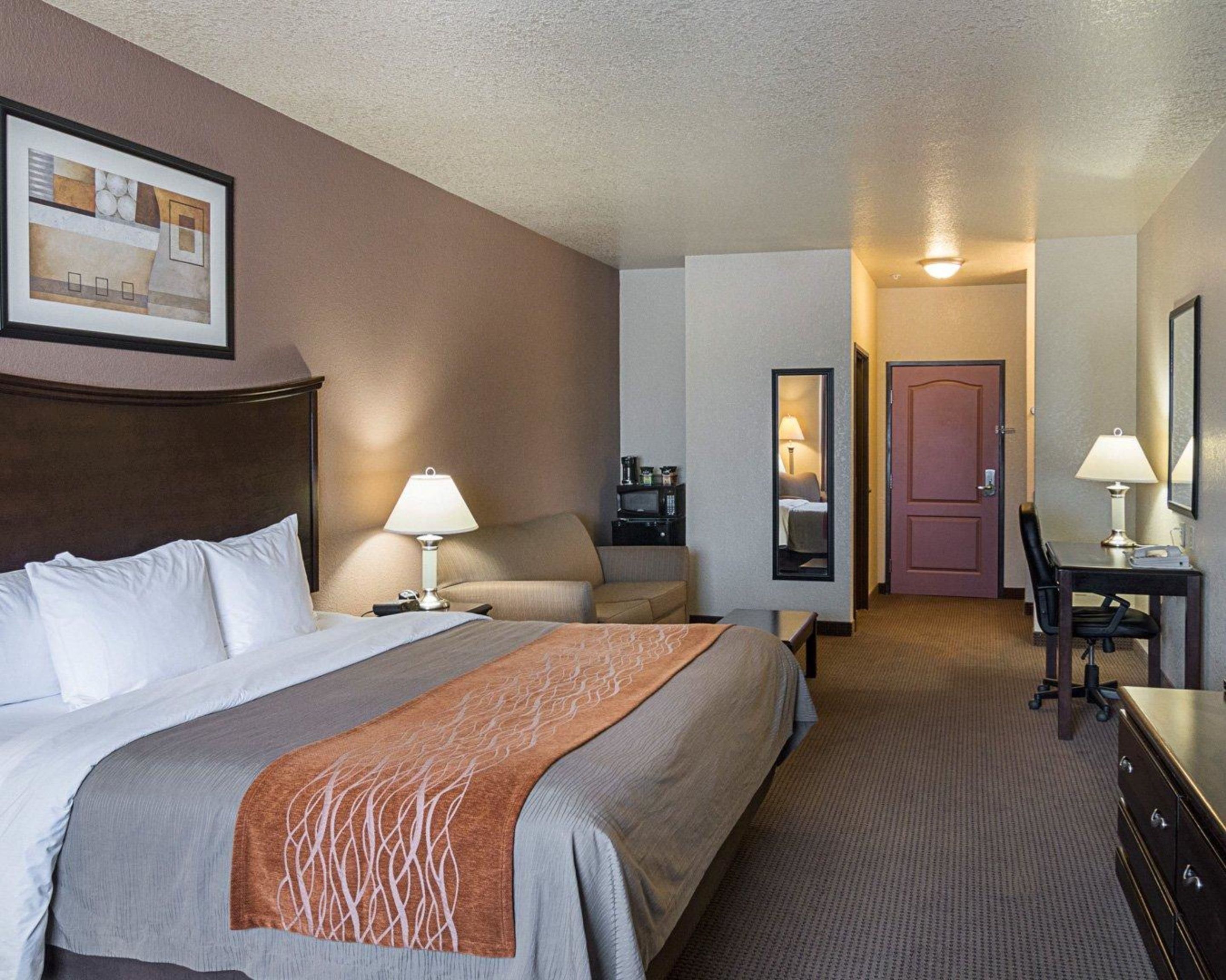 Une chambre d’hôtel avec un grand lit, un bureau, une chaise, un canapé, une lampe de bureau, une table de chevet, un miroir et un tableau encadré au mur.
