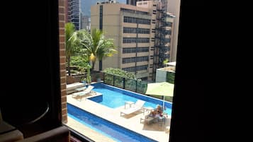 Vue d’une piscine sur le toit, avec des chaises longues et un palmier.