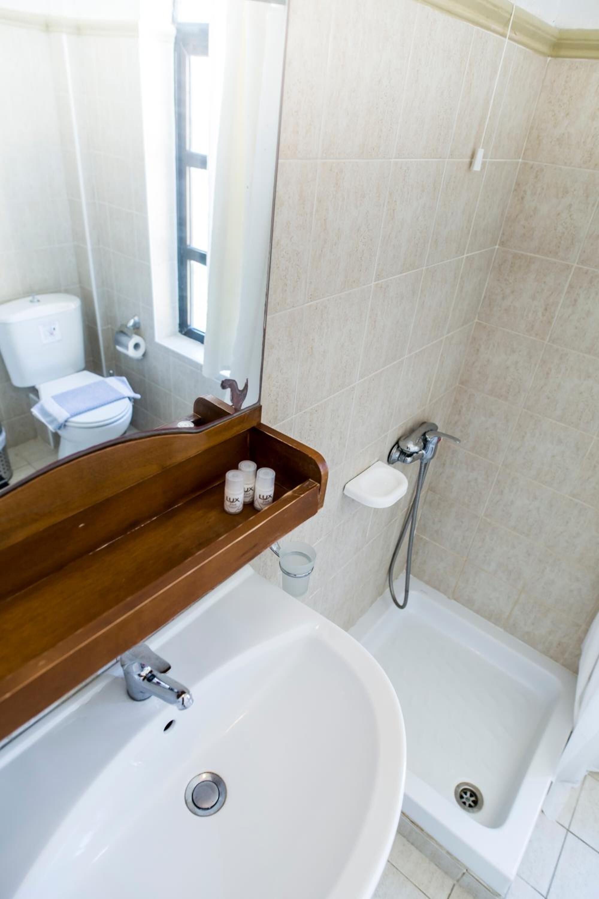 Une salle de bain avec un lavabo blanc, un meuble-lavabo en bois, un miroir, une douche et des toilettes.
