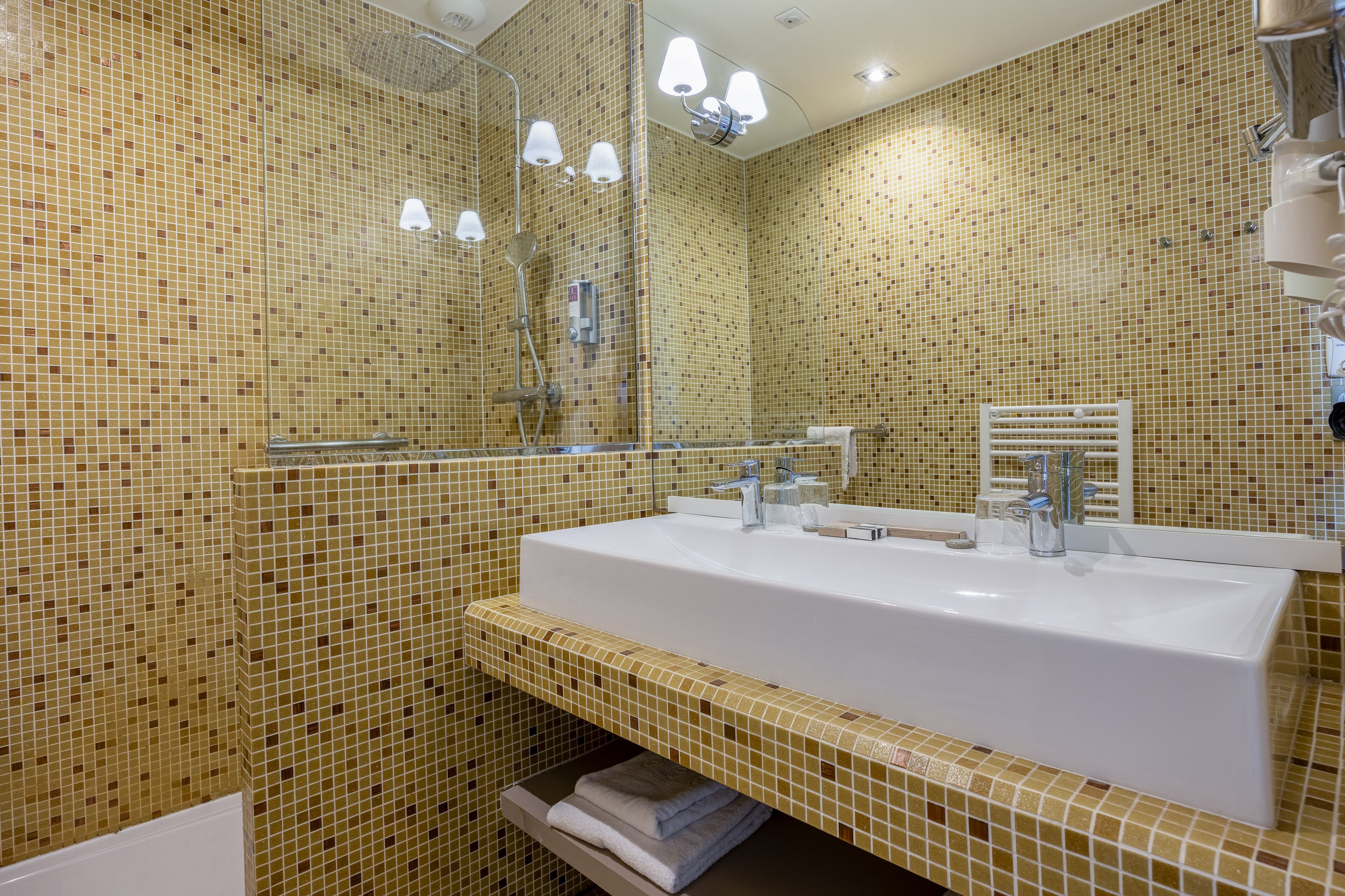 deluxe room | bathroom | shower, rainfall showerhead, free toiletries, hair dryer