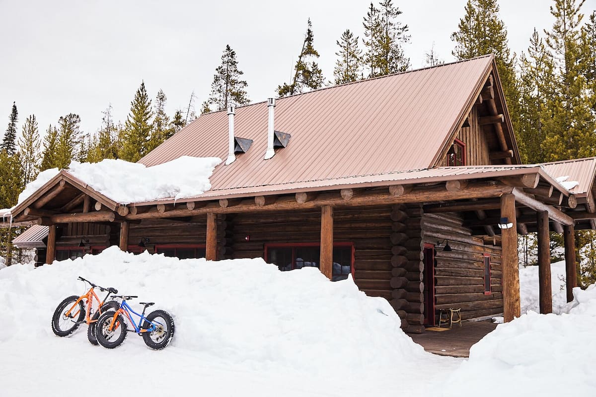 A log cabin with a metal roof, surrounded by snow and trees.