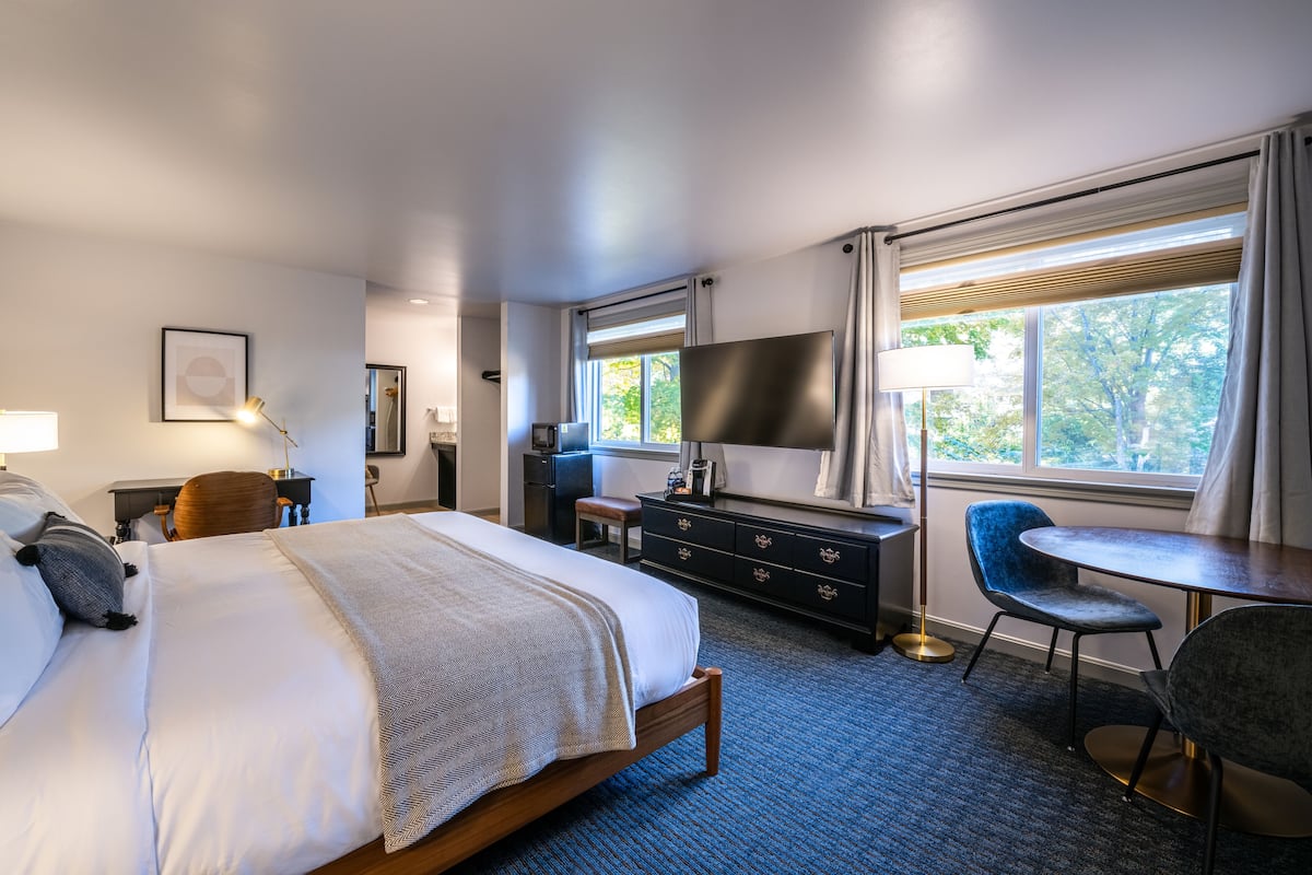 Premium bedding, pillow-top beds, desk, laptop workspace