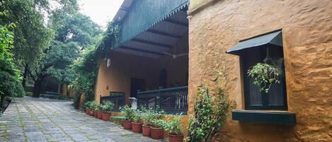 Un patio con pavimento de piedra, plantas en macetas y un edificio con toldo verde.