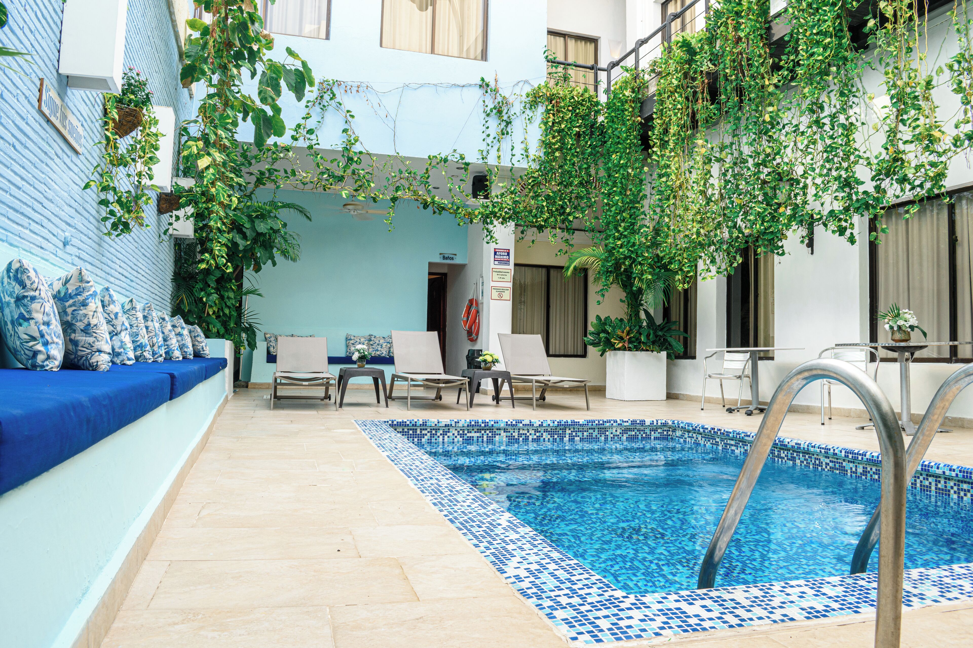 Una piscina al aire libre, sillones reclinables de piscina