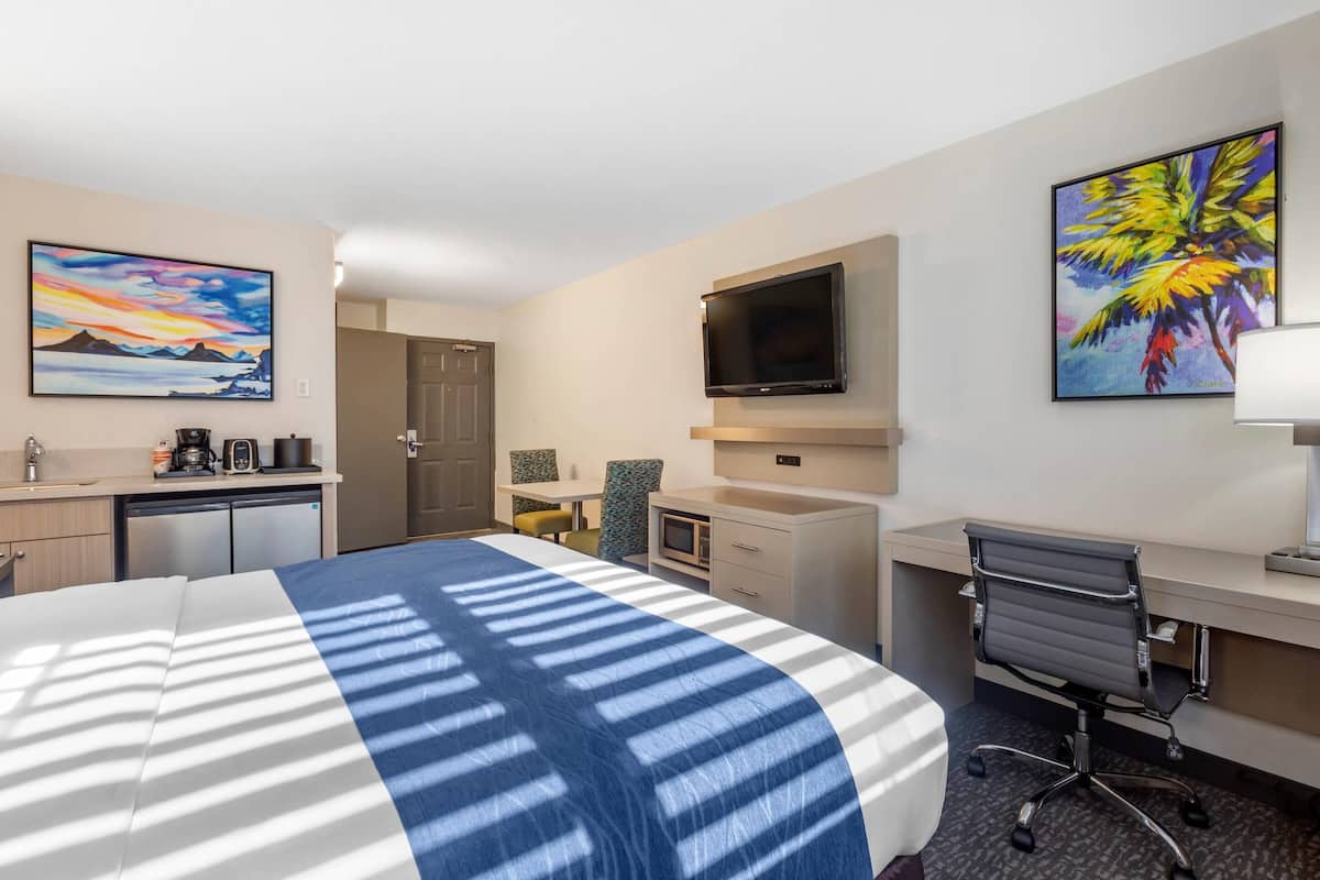 A hotel room with a bed, desk, chair, TV, and artwork on the walls.