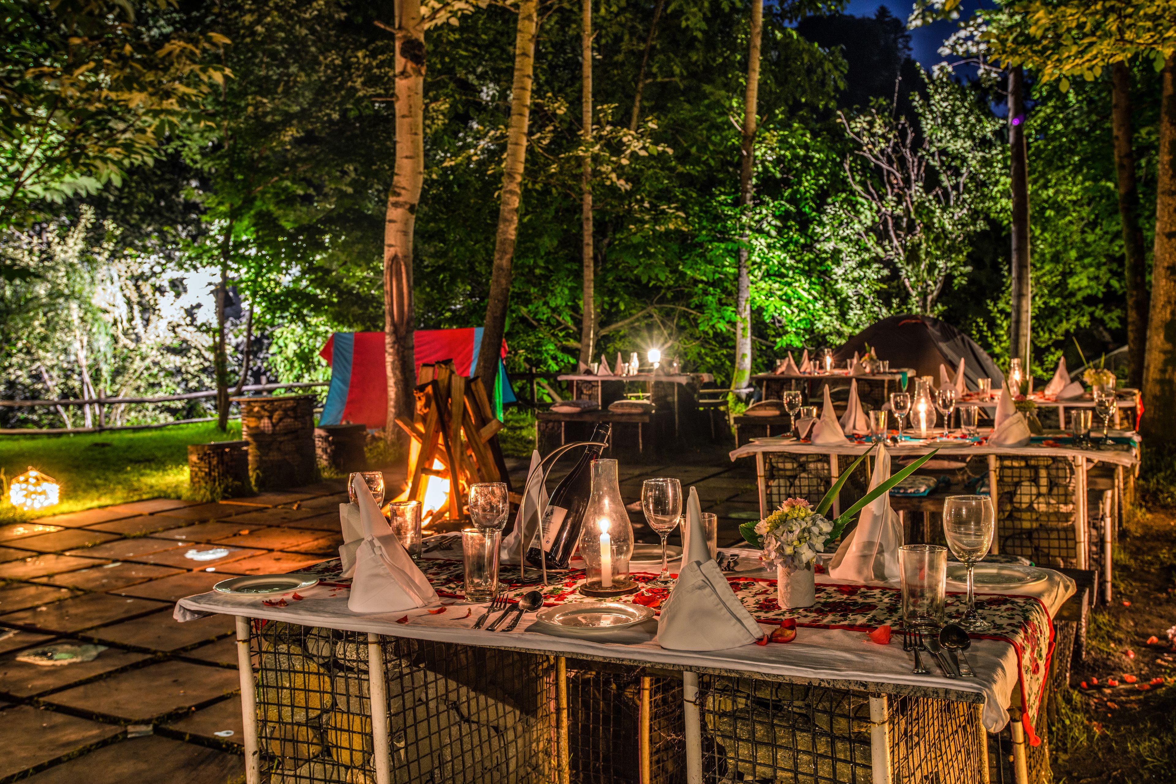 An outdoor dining area with tables set for a meal, surrounded by trees and a fire pit.
