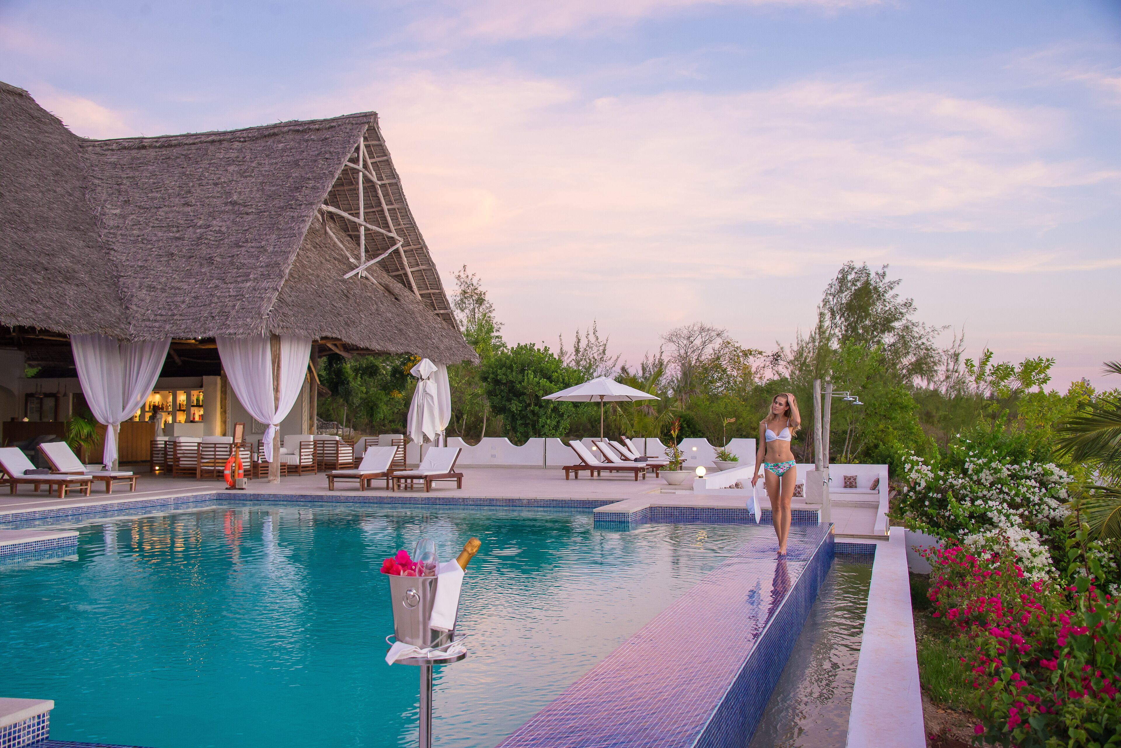Un espace piscine avec des chaises longues, une structure à toit de chaume et une bouteille de champagne.