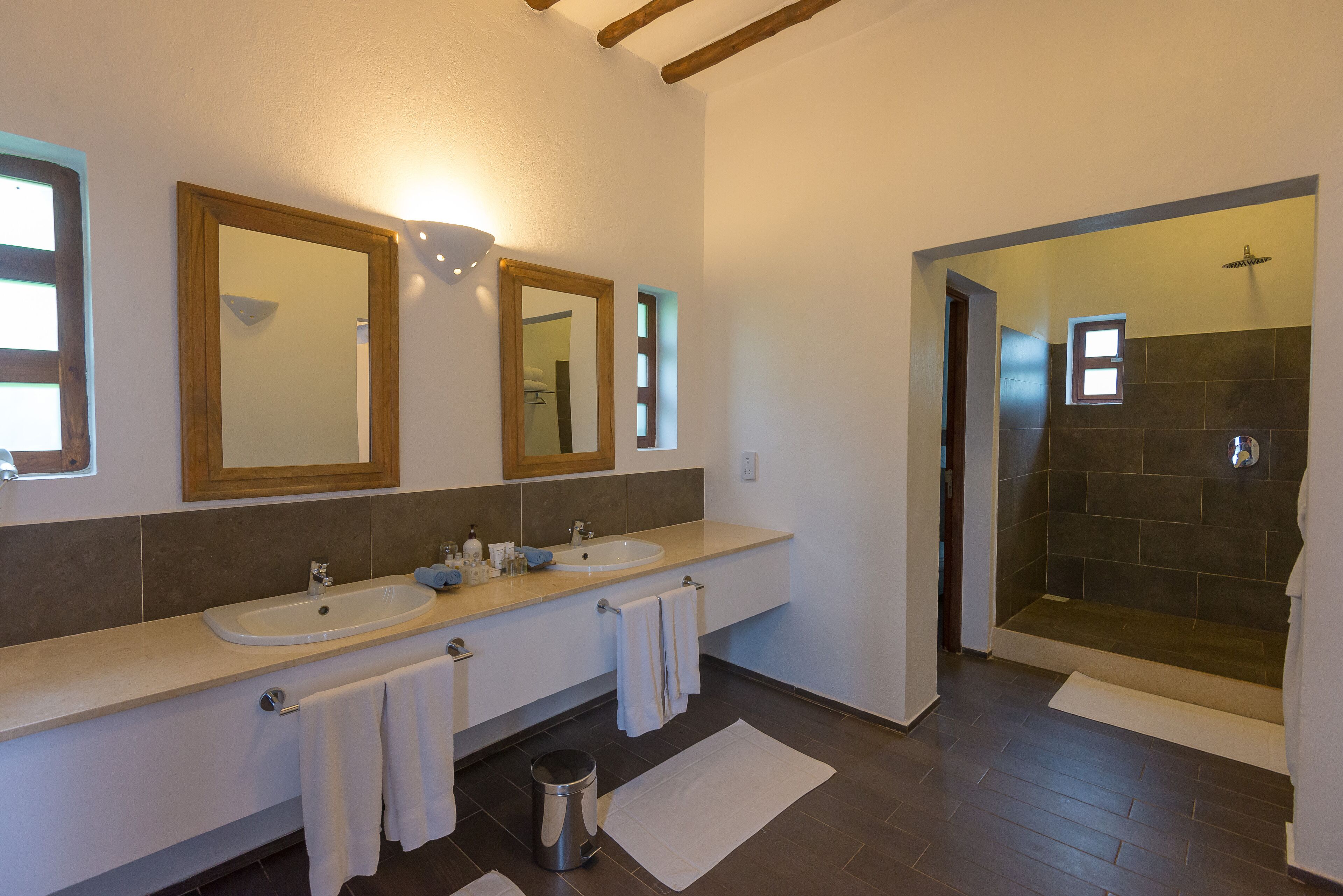 A bathroom with two sinks, a shower, and a mirror.