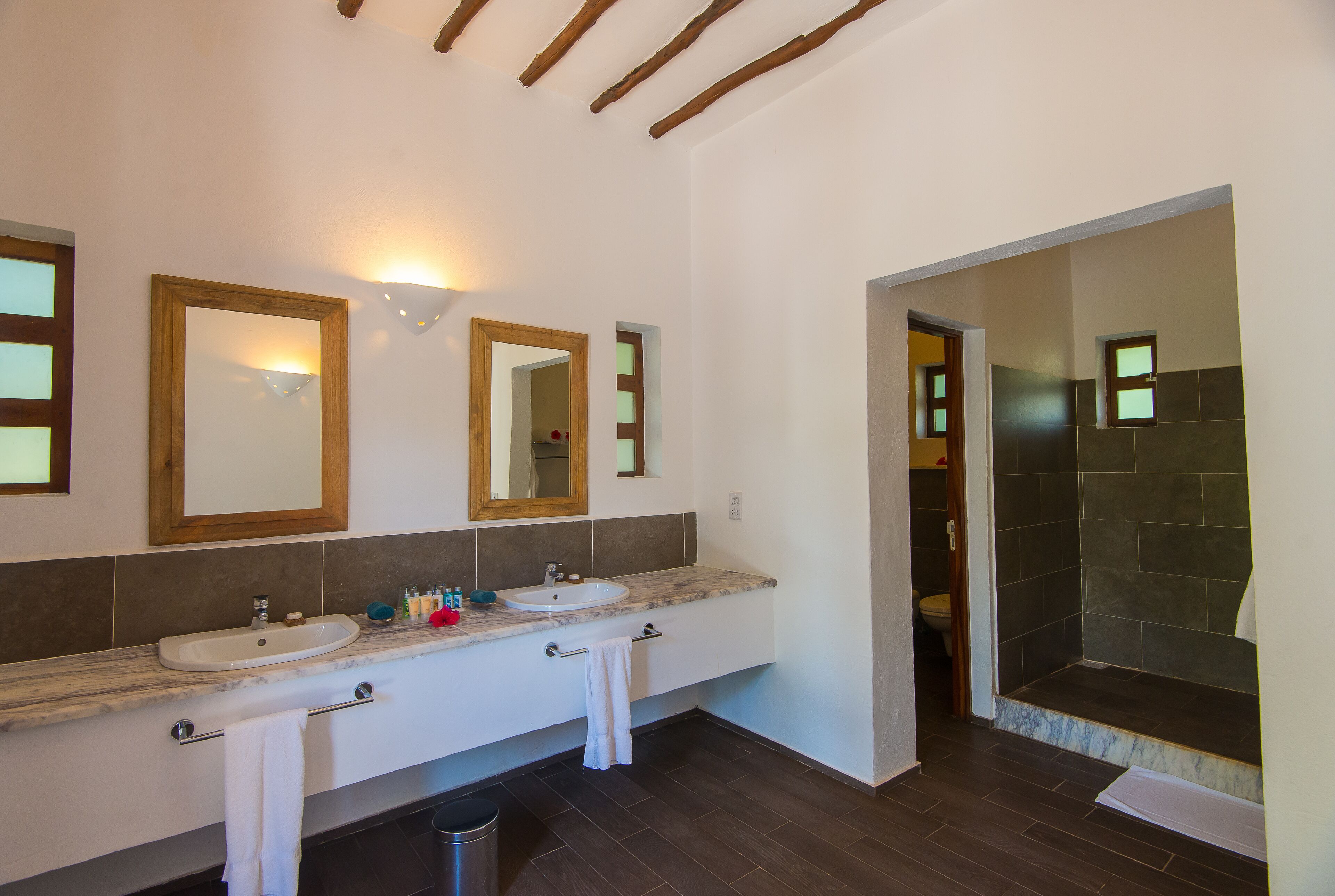A bathroom with two sinks, a mirror, and a shower area.