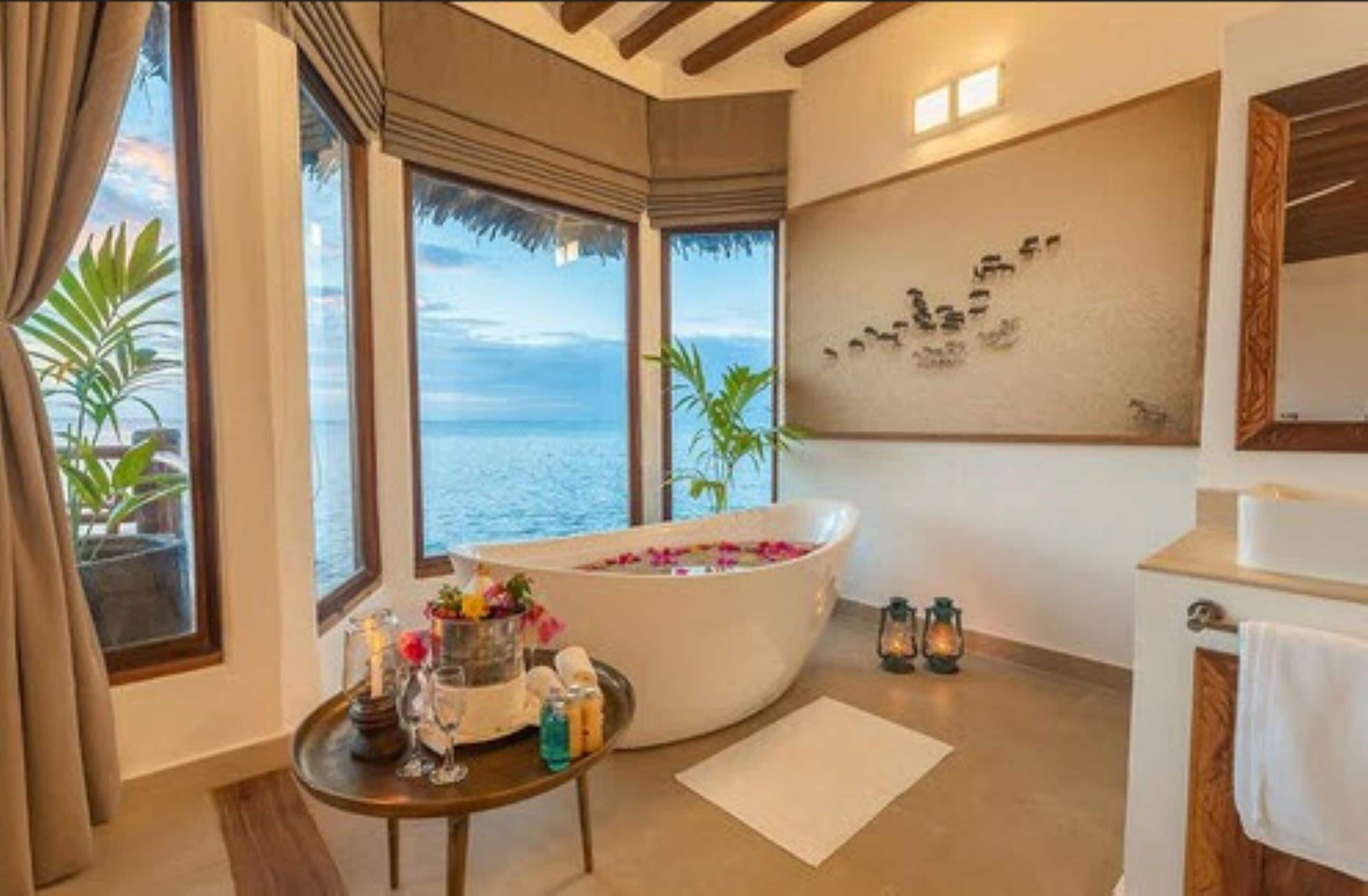 luxury villa, 1 bedroom, ocean view, overwater | bathroom | shower, rainfall showerhead, designer toiletries, hair dryer
