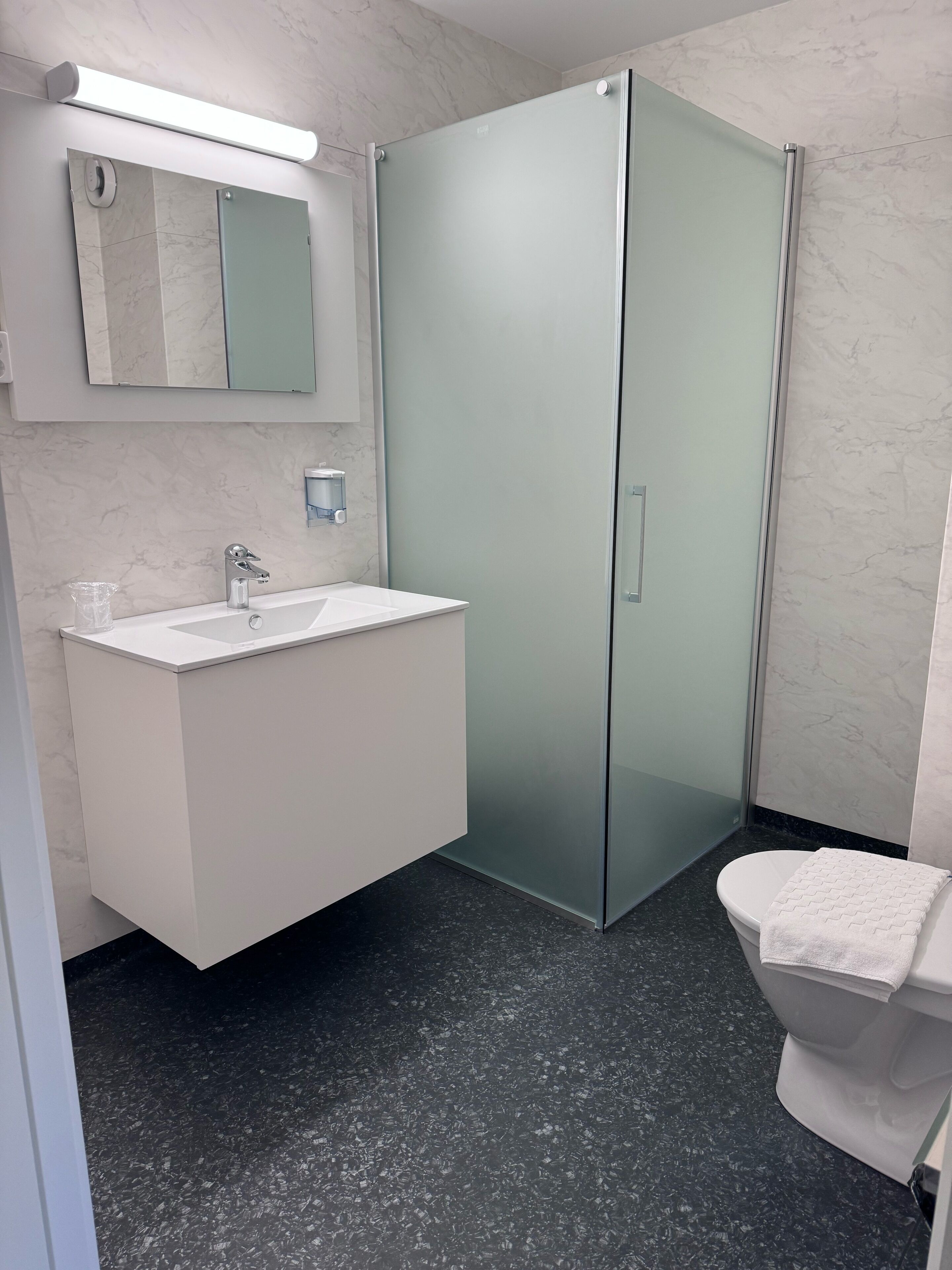 Ein modernes Badezimmer mit einem weißen Waschtisch, einer Duschkabine aus Glas und einer Toilette.