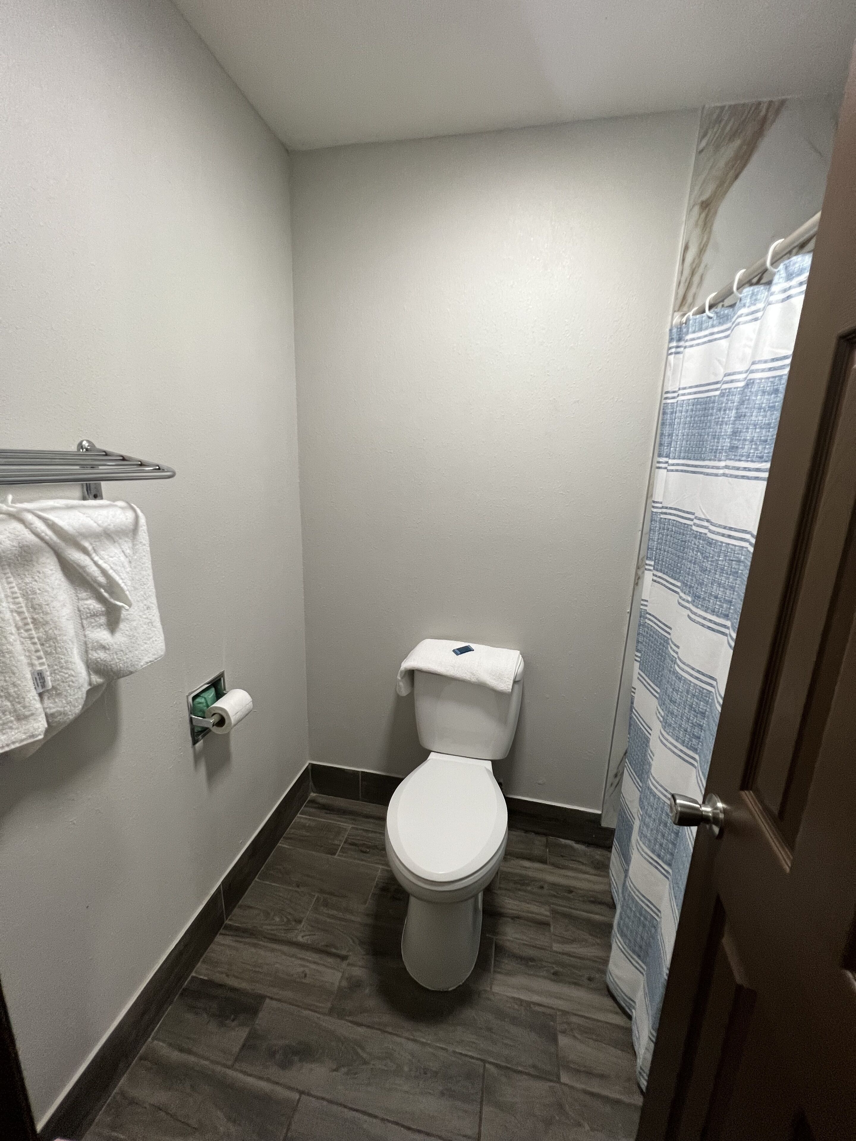 A small, clean bathroom with a white toilet, a towel rack with a white towel, and a shower curtain.