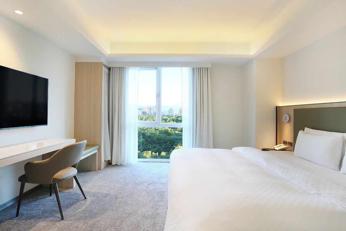 Habitación de hotel con cama, escritorio, silla, televisor y vista a la ciudad por la ventana.
