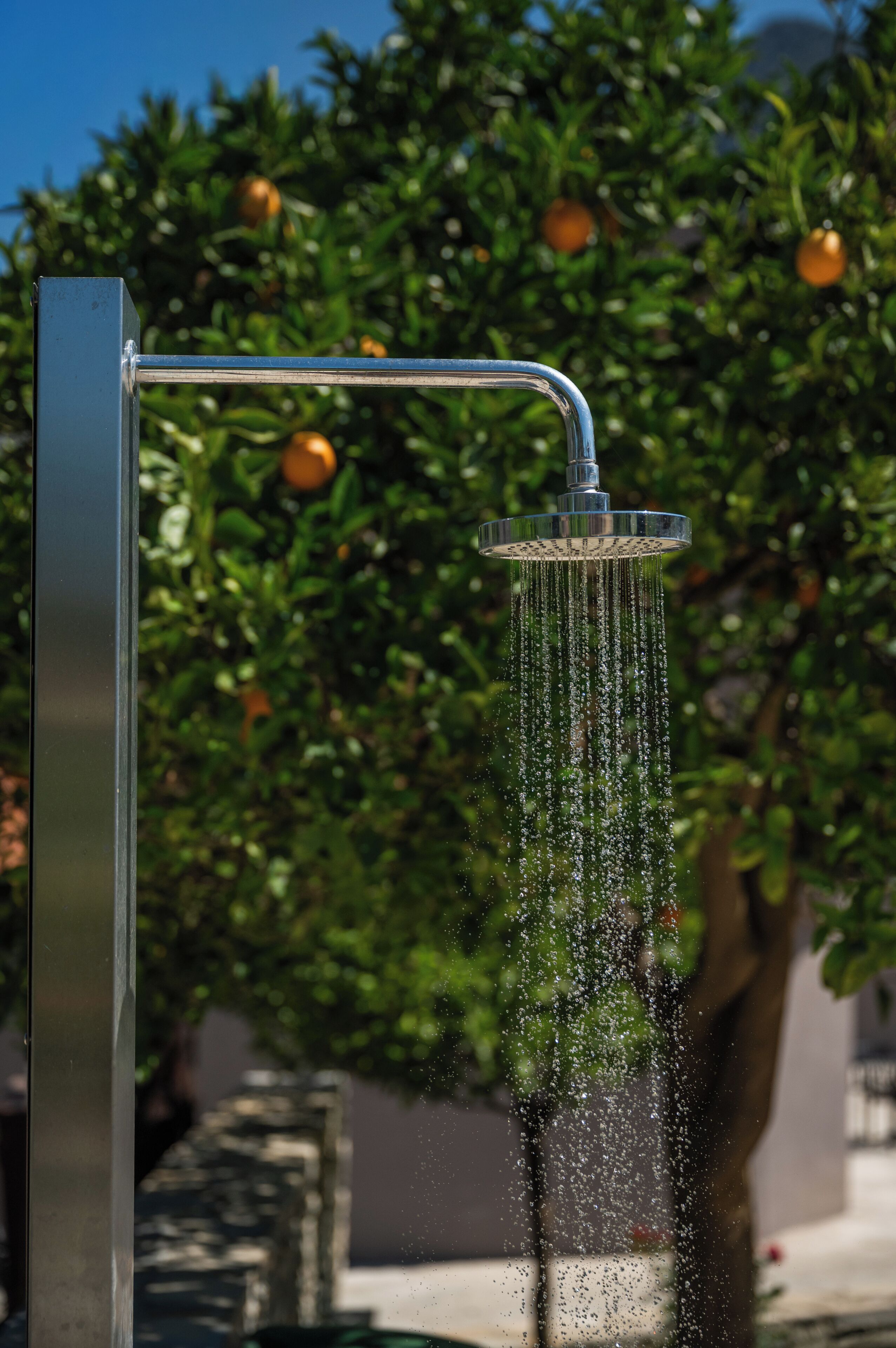 A modern outdoor shower with a metal frame and a curved spout, set against a backdrop of a green tree with orange fruits.