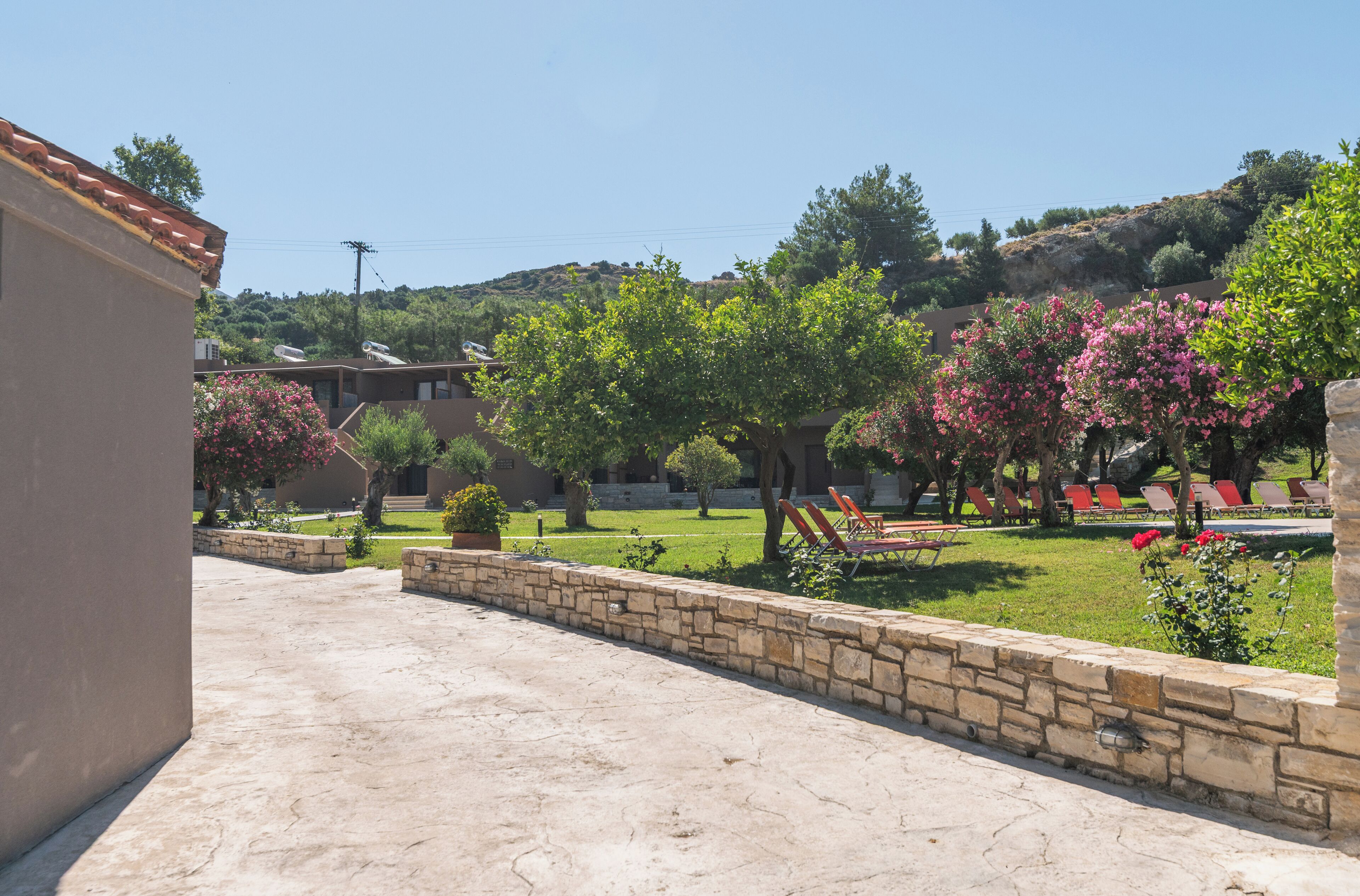 A courtyard with stone walls, a grassy area, and trees with pink flowers.