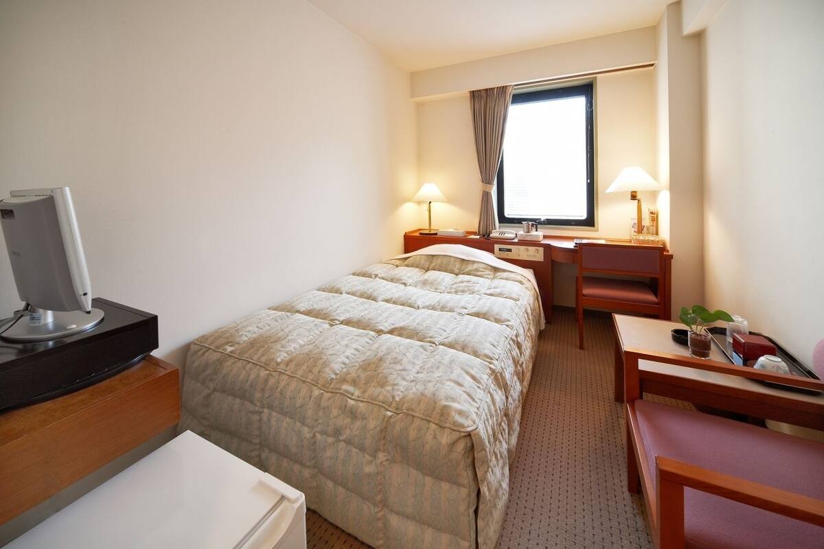 A hotel room with a bed, desk, chair, television, and a window with curtains.