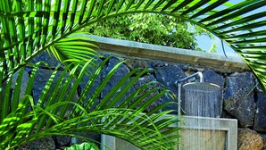 A stone shower enclosure with a rain showerhead, surrounded by lush tropical plants.