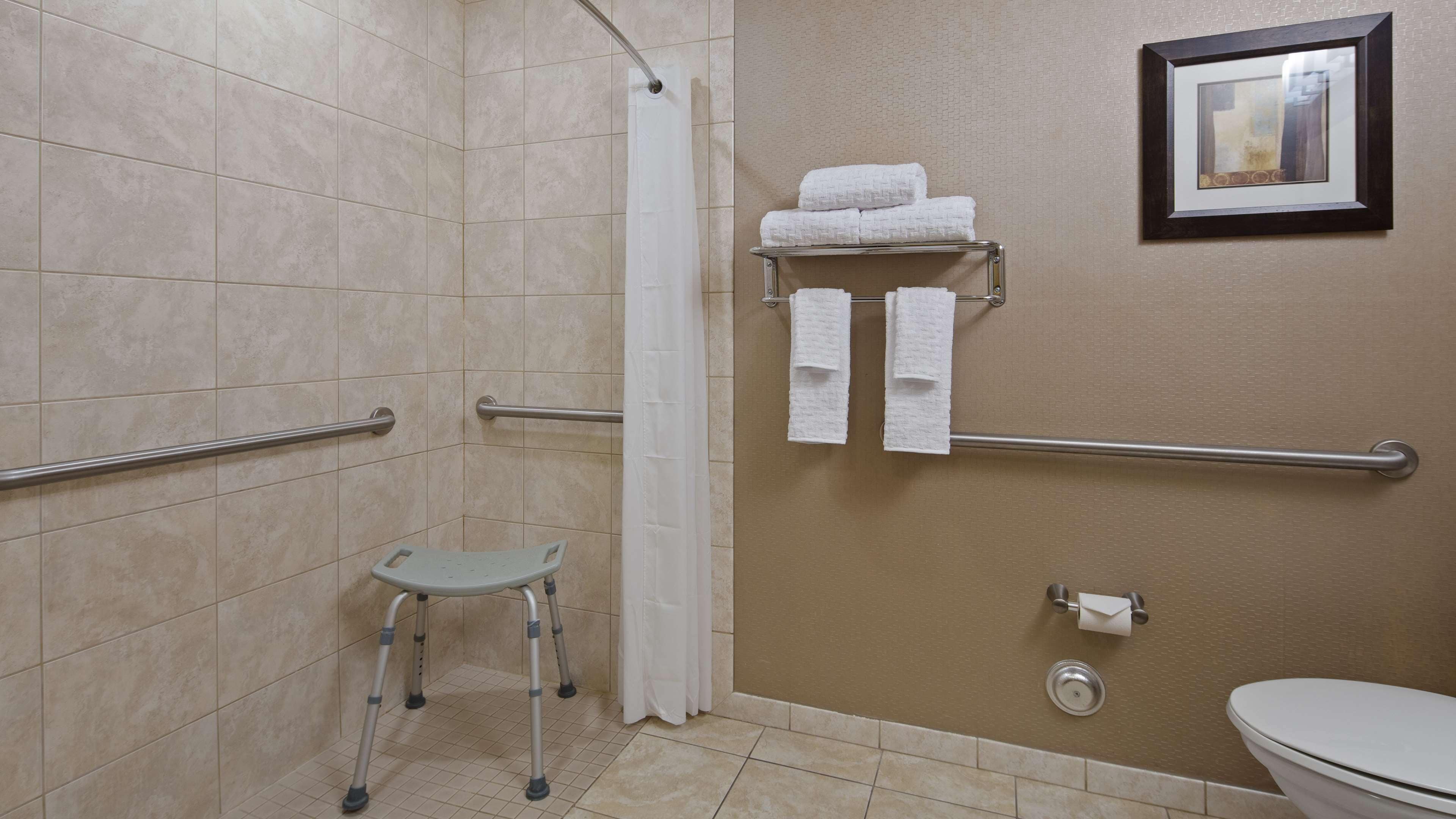 Un baño con ducha, barras de apoyo, inodoro y un pequeño taburete.