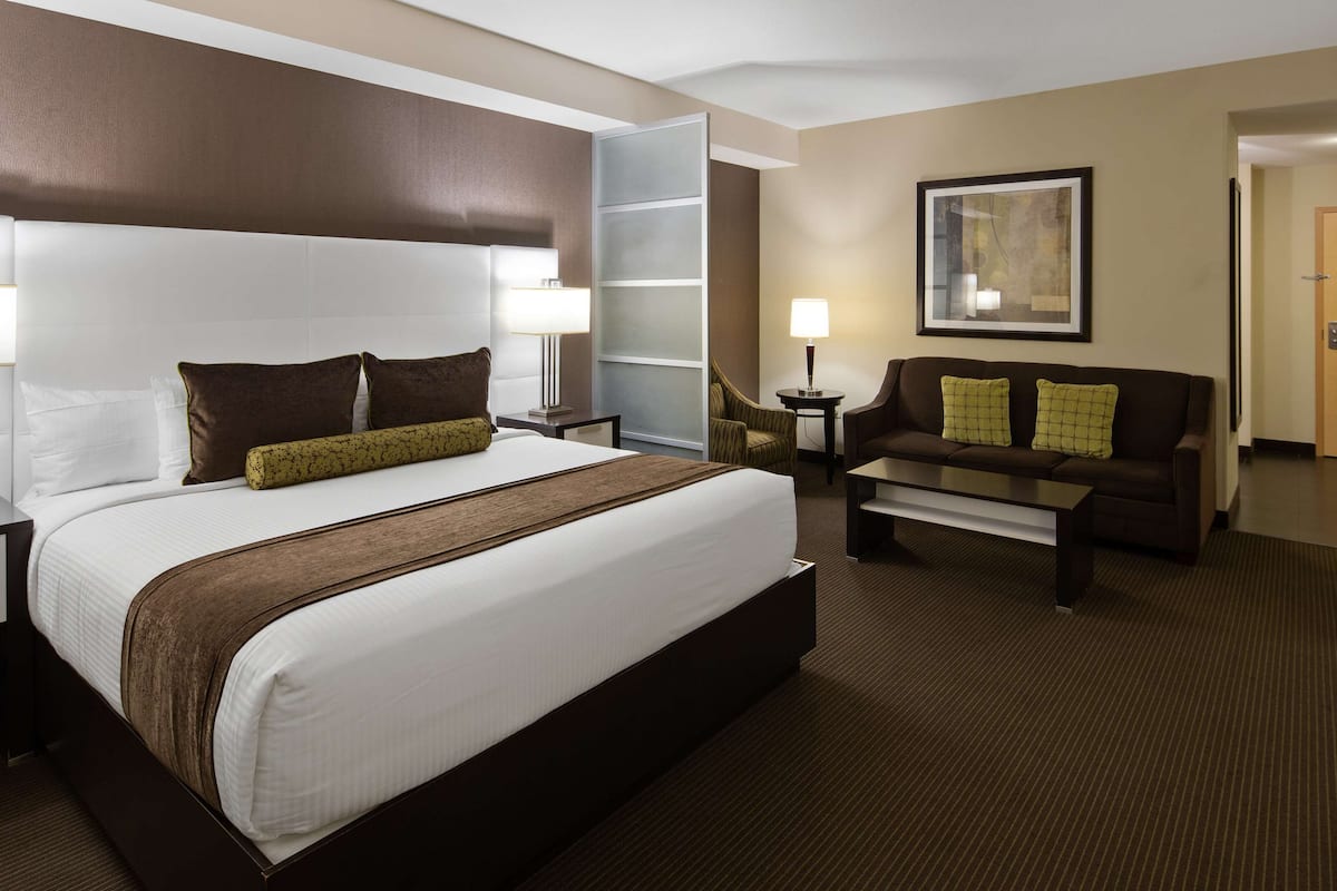 A hotel room with a large bed, a sofa, a desk, and a chair.