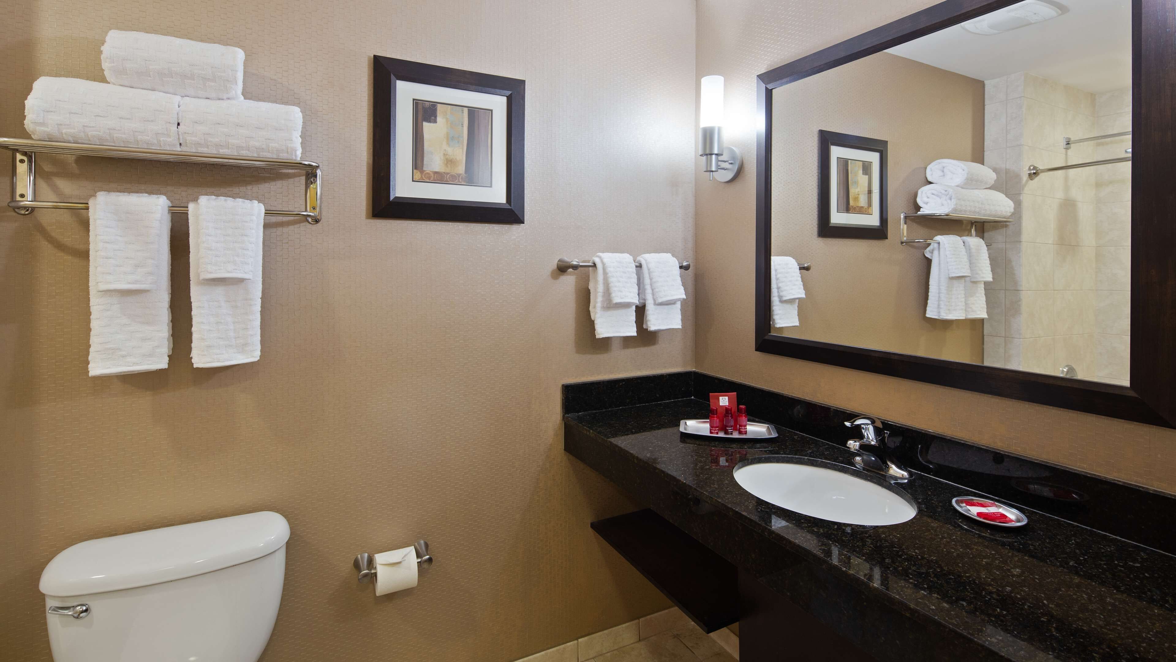 A bathroom with a toilet, sink, and multiple towel racks.