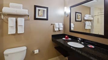 Une salle de bain équipée de toilettes, d’un lavabo et de plusieurs porte-serviettes.