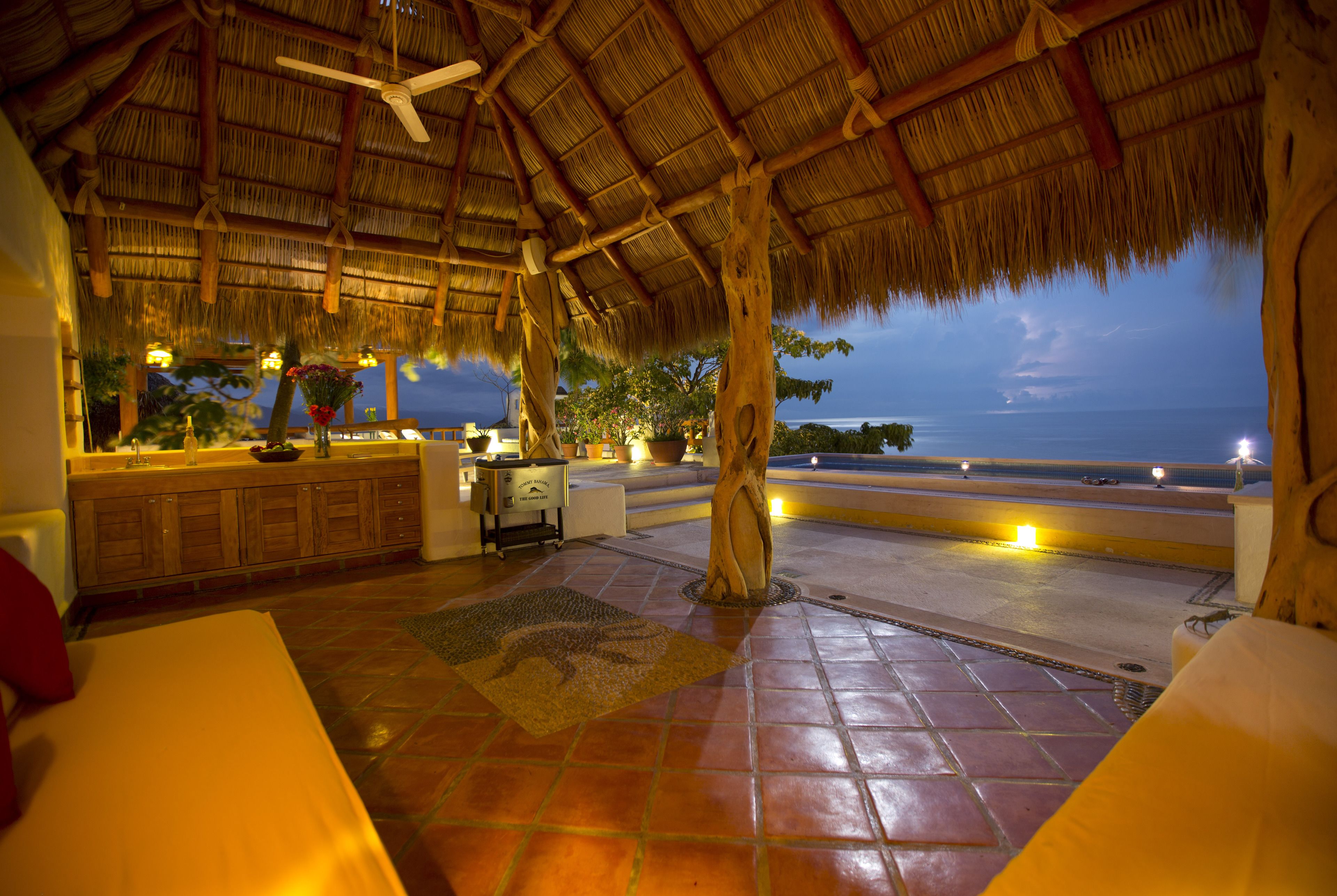 A thatched-roof outdoor area with a view of the ocean, a bar, and a seating area with a tree in the center.
