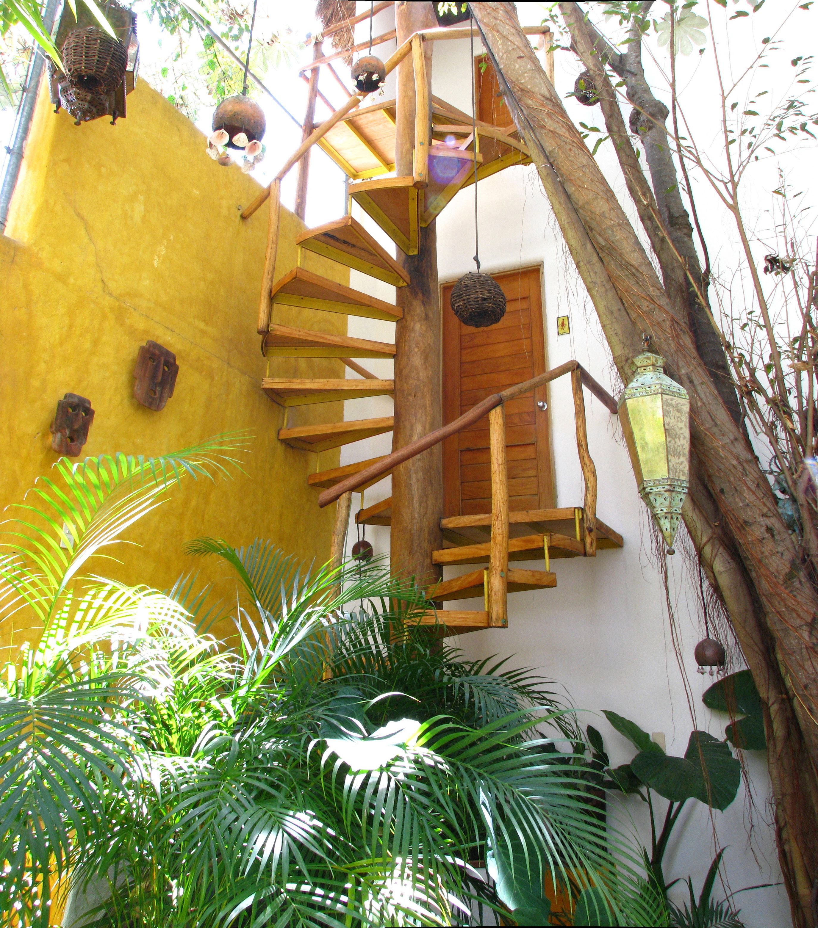 A wooden spiral staircase with a yellow wall, surrounded by lush green plants.