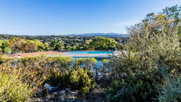 A pool surrounded by dense vegetation and a clear view of distant mountains. - Hotel Las Errizas by Vivere Stays (Alcala del Valle)