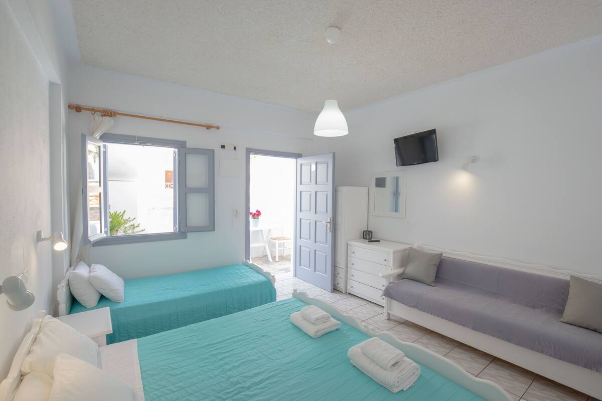 A bedroom with two beds, a sofa, a TV, and a window.