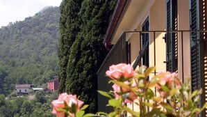 A balcony with a view of a mountain and a building with green shutters. - Agriturismo Casa del Bosco (Borzonasca)