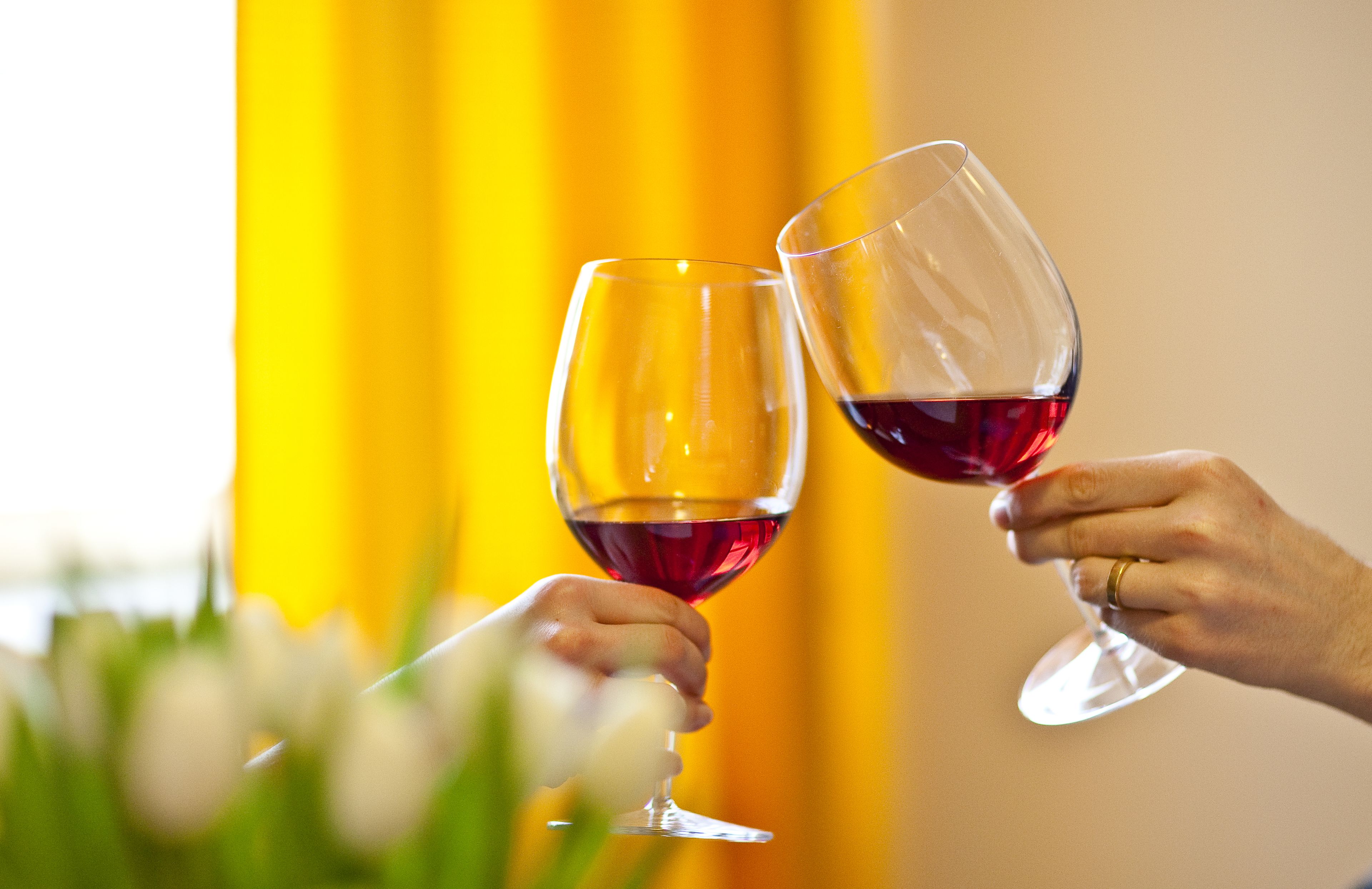 Two hands holding wine glasses with a yellow curtain in the background.