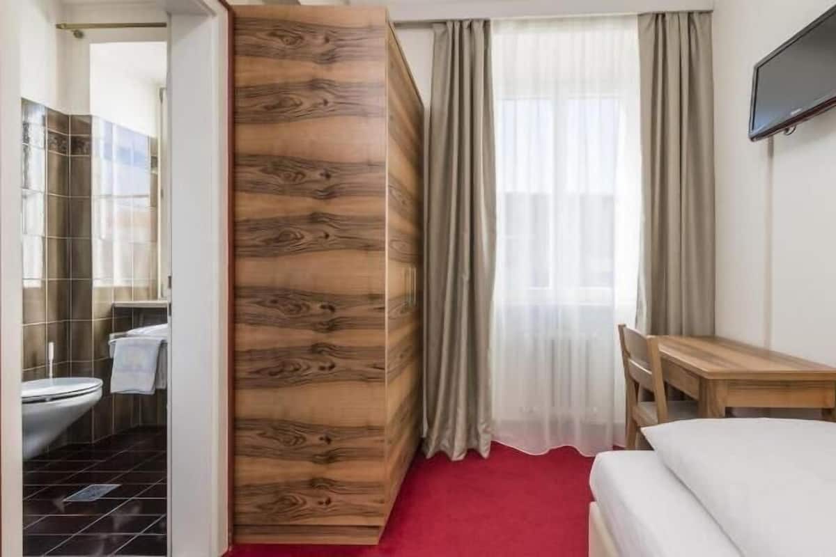 A hotel room with a bed, a wooden wardrobe, a desk, a chair, a TV, and a bathroom with a toilet and shower.